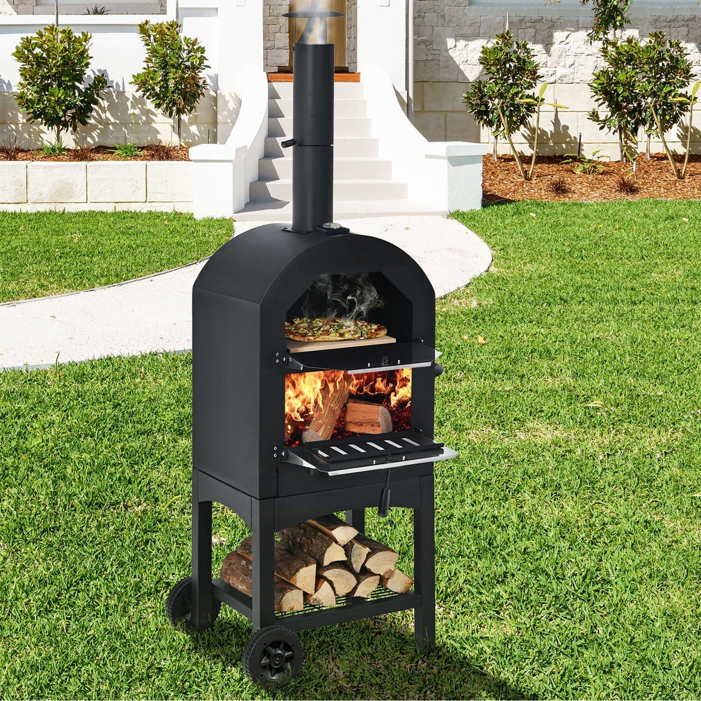 Happygrill Outdoor Pizza Oven Wood Fired Pizza Maker with 2 Wheels, Built-in Thermometer, Pizza Stone, Pizza Peel, Waterproof Cover, Portable Pizza Oven Heater for Barbecue Picnic Camping - CookCave