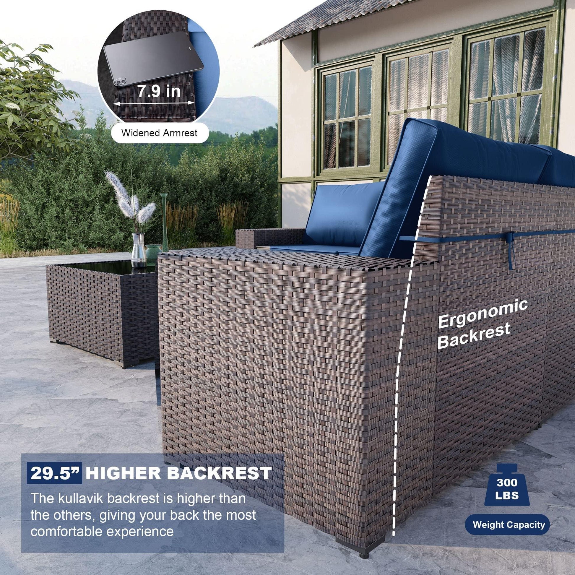 Kullavik 6PCS Outdoor Patio Furniture Set,PE Wicker Rattan Sectional Sofa Patio Conversation Sets,Navy Blue - CookCave