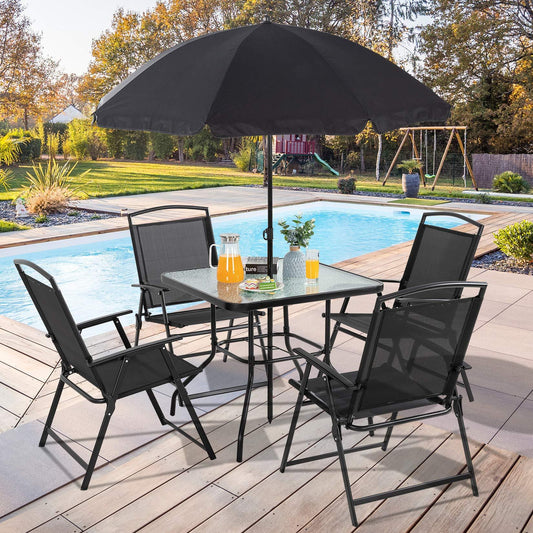 Vongrasig 6 Pieces Folding Patio Dining Set, All Weather Small Metal Outdoor Garden Patio Furniture Set w/Umbrella, Glass Table & 4 Folding Chairs for Lawn, Deck, Backyard, Black - CookCave