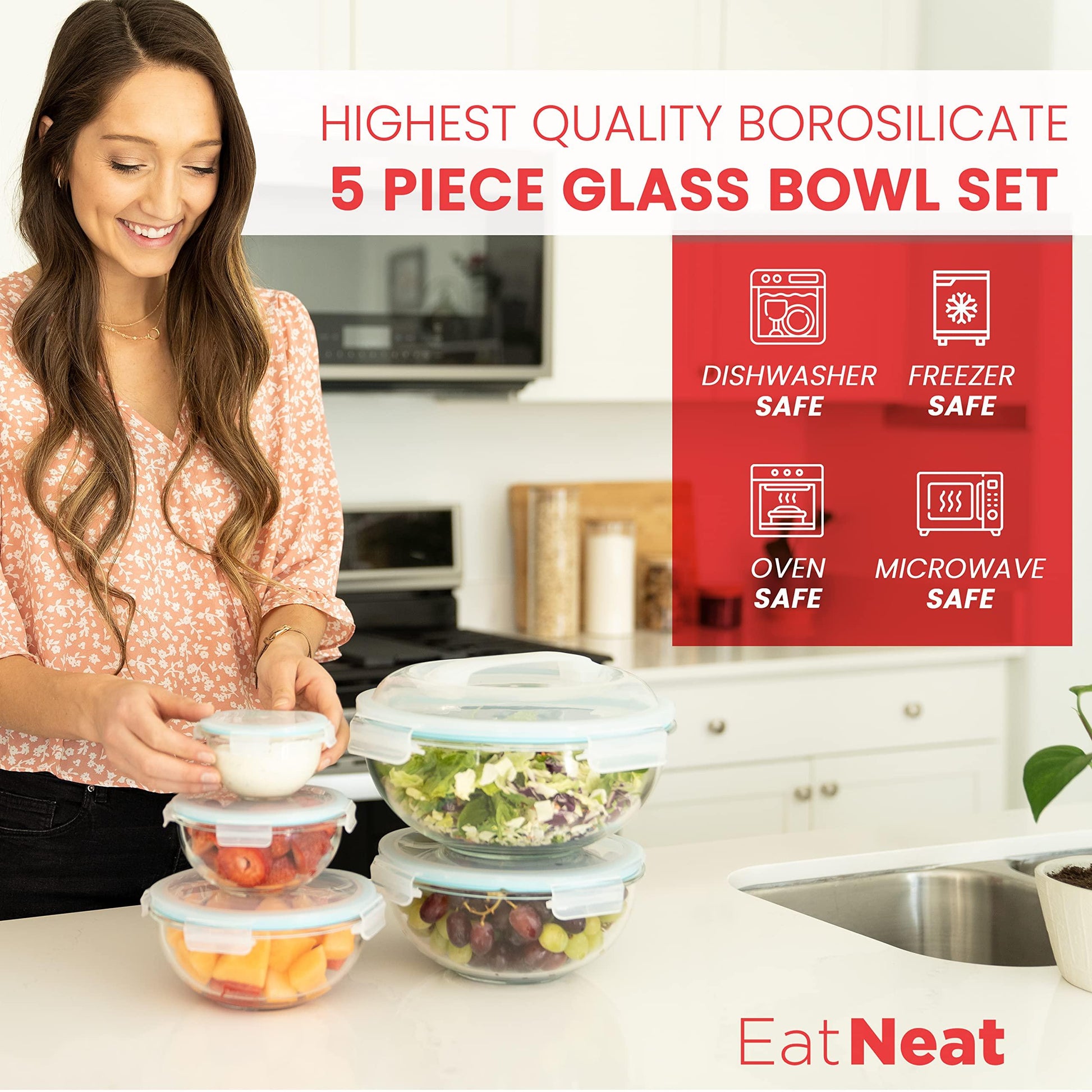 EatNeat Set of 5 Airtight Glass Food Storage Containers with Lids | Premium Airtight Storage Containers | Meal Prep Food Containers with Lids | Glass Mixing Bowls | Kitchen Storage Containers - CookCave