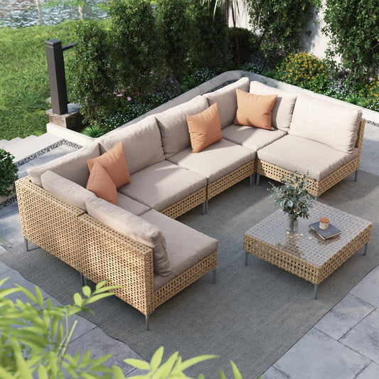 Grand patio 7-Piece Wicker Patio Furniture Set, All-Weather Outdoor Conversation Set Sectional Sofa with Water Resistant Beige Thick Cushions and Coffee Table - CookCave