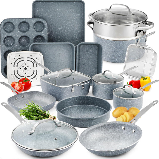 Home Hero 20 Pcs Pots and Pans Set Non Stick - Induction Compatible Granite Cookware Set + Bakeware Set - Non Toxic, PFOA Free, Oven Safe Pot and Pan Set (Gourmet - 20 Pcs Granite) - CookCave