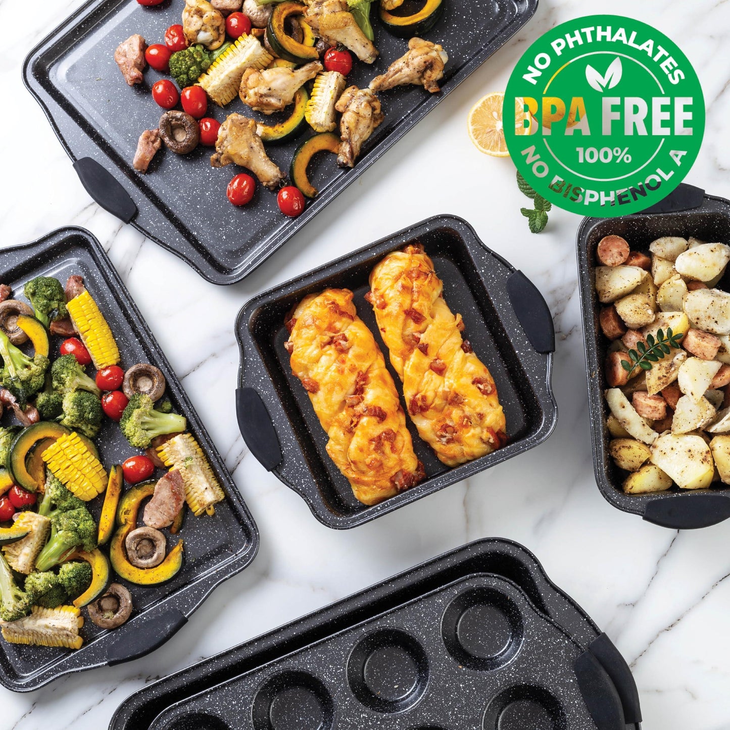 Country Kitchen 10-Piece Nonstick Stackable Bakeware Set - PFOA, PFOS, PTFE Free Baking Tray Set w/Non-Stick Coating, 450°F Oven Safe, Round Cake, Loaf, Muffin, Wide/Square Pans, Cookie Sheet - CookCave