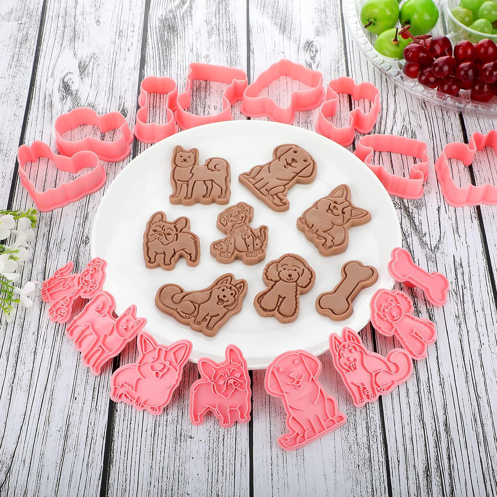 8 Pcs Dog Cookie Cutters with Plunger Stamps Set 3D Puppy Bone Shape Biscuit Cutter Funny Cartoon Cookie Stamps Stamped Embossed Dog Cookie Cutters for Treats DIY Cookie Cake Baking Supplies - CookCave