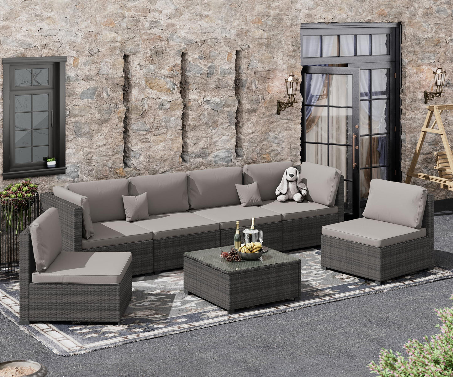 LHBcraft 7 Piece Patio Furniture Set, Outdoor Furniture Patio Sectional Sofa, All Weather PE Rattan Outdoor Sectional with Cushion and Coffee Table. - CookCave