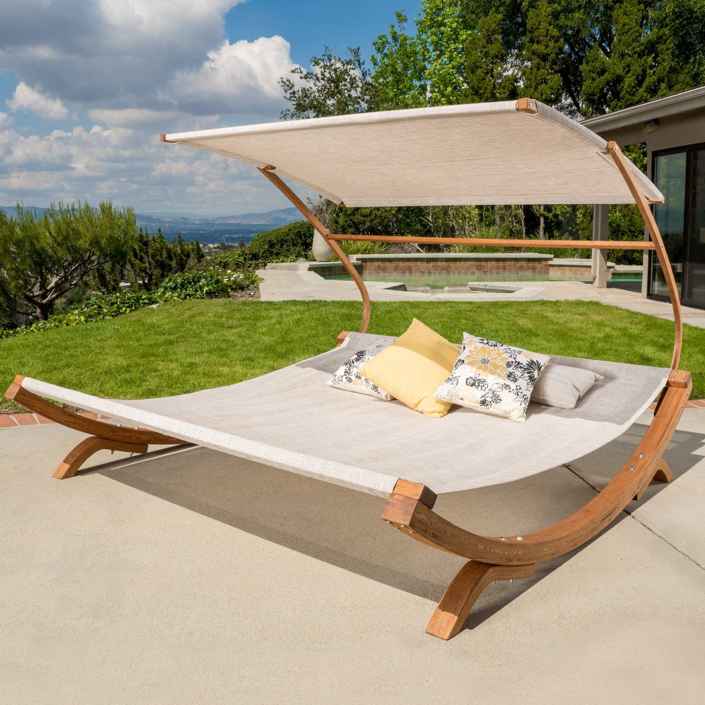 Christopher Knight Home Bblythe Outdoor Patio Lounge Daybed Hammock with Adjustable Shade Canopy, Teak - CookCave