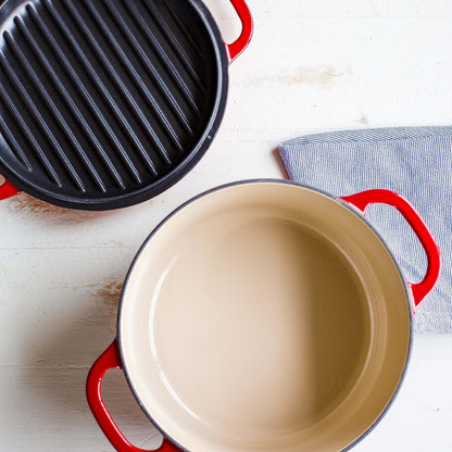 Lodge 7 Quart Essential Enameled Cast Iron Double Dutch Oven- Dual Handles – Lid Doubles as Grill Pan, Oven Safe up to 500° F or on Stovetop - Use to Marinate, Cook, Bake, Refrigerate & Serve – Red - CookCave