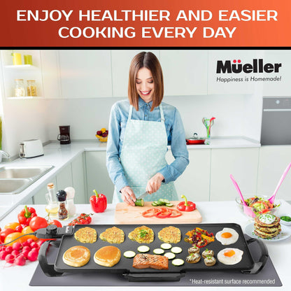 Mueller XL 24" x 12" Family-Sized Pancake Griddle, Healthy Eco Non-Stick Electric Griddle, 18 Eggs at Once, with Cool-Touch Removable Handles & Temp Control, for Pancakes, Burgers, Eggs, Black - CookCave