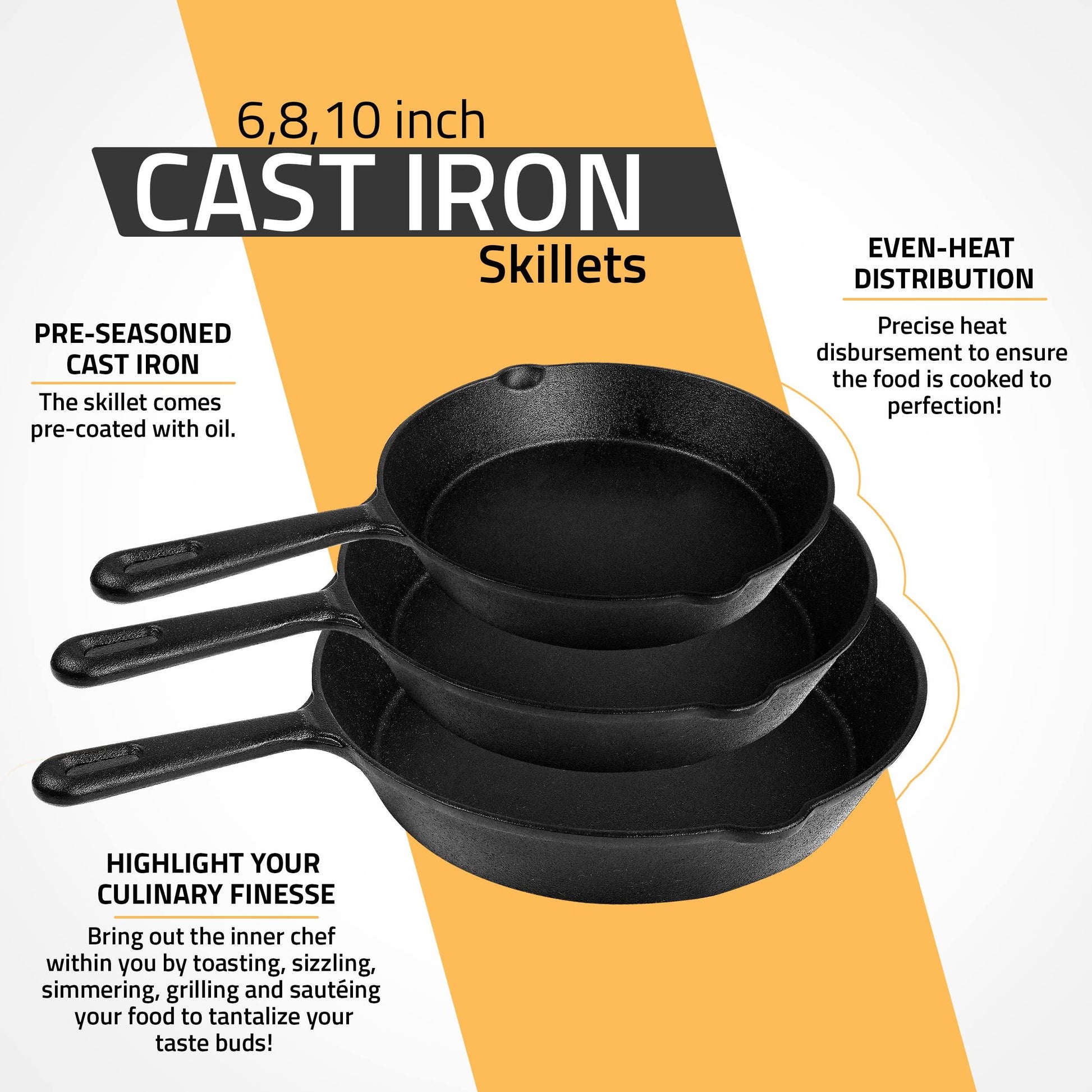 Utopia Kitchen Pre Seasoned Cast Iron Skillet 3 Piece, Cast Iron Grill Pan, Frying Pans, Saute Fry Pan, Cast Iron Set (Black) - CookCave