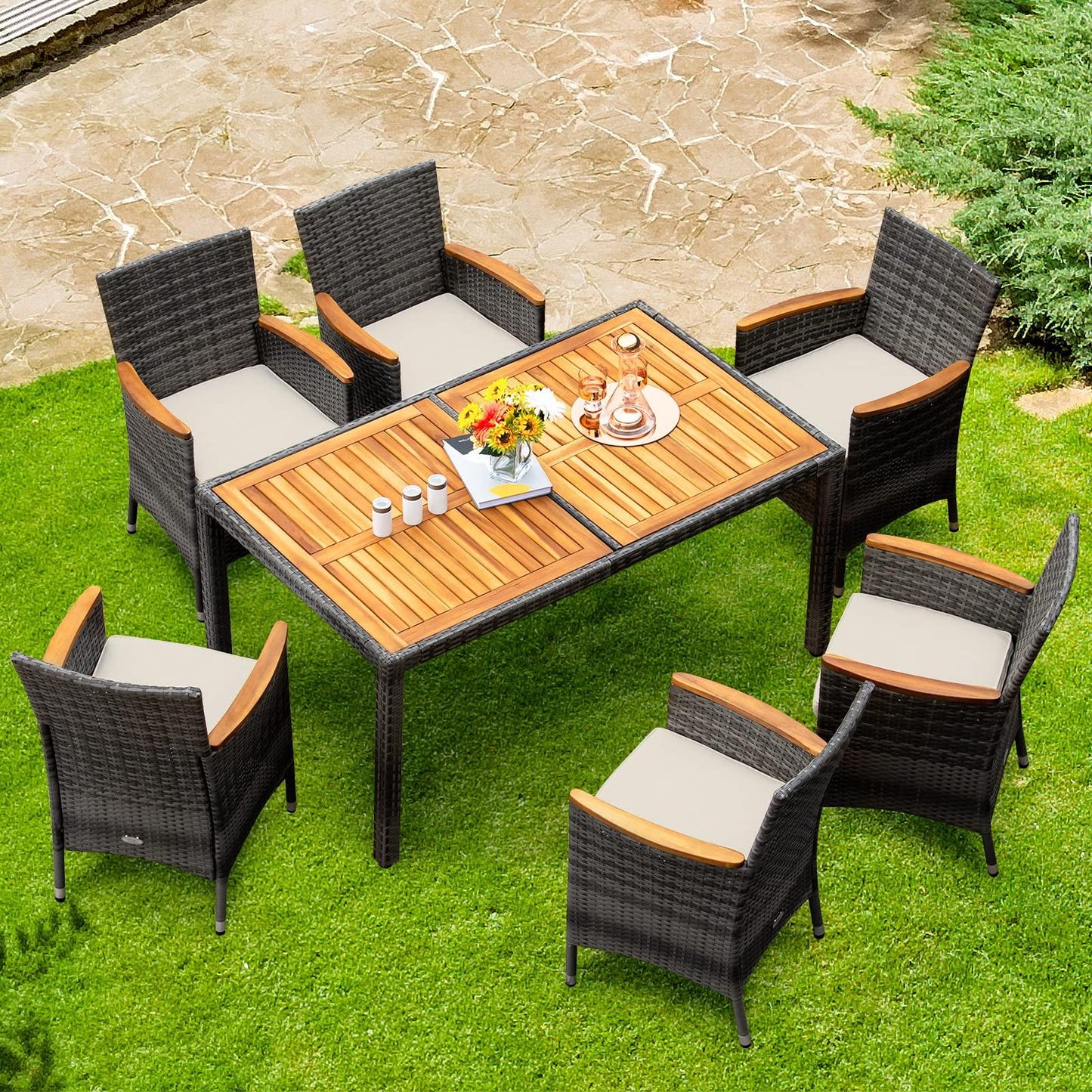 Tangkula 7 Pieces Outdoor Dining Furniture Set, Patio Rattan Conversation Set with Spacious Acacia Wood Table, 6 Chairs with Widened Armrests, Non-slip Foot Pads, Suitable for Backyard Poolside (Grey) - CookCave