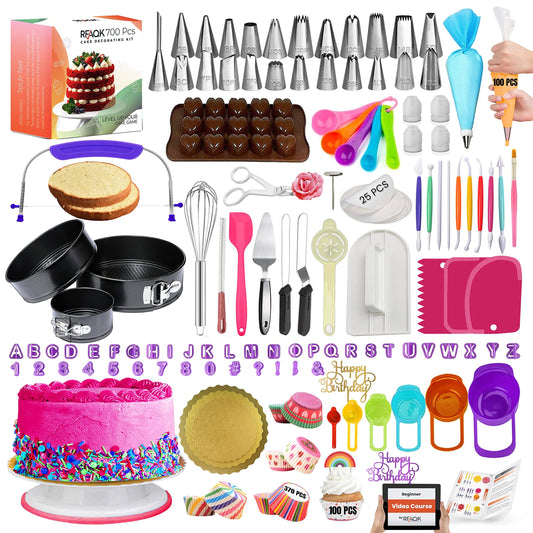 RFAQK 700PCs Cake Decorating Supplies Kit with Baking Supplies- Cake Decorating Tools with Springform Pans, Cake Leveler, Cake Turntable, Numbered Piping Tips, Icing Spatulas, Fondant Tools and More - CookCave