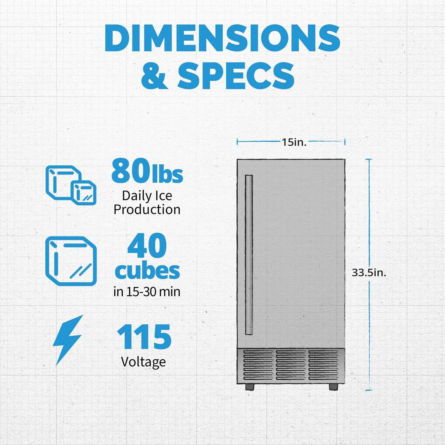 80 lbs. of Ice a Day, 15" Undercounter Clear Ice Cube Maker Machine, Stainless Steel - CookCave