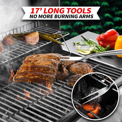 GRILAZ Heavy-Duty Rose Wooden BBQ Grilling Tools Set. Extra Thick Stainless Steel Multi-Function Spatula, Fork & Tongs | Essential Accessories for Barbecue & Grill. Ideal Gift for Father - CookCave