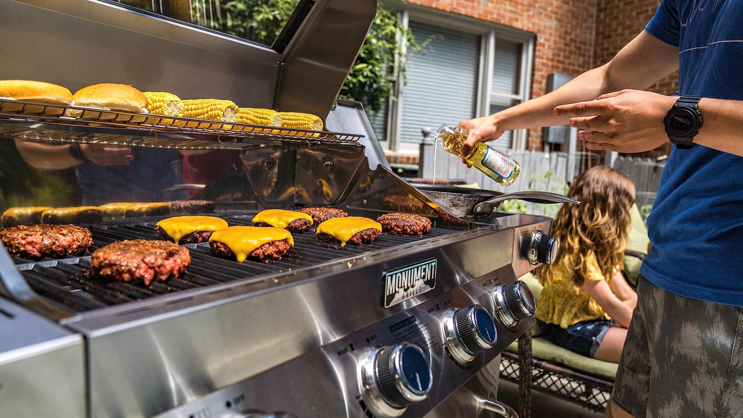 Monument Grills Larger 4-Burner Propane Gas Grills Stainless Steel Cabinet Style with Clear View Lid, LED Controls, Built in Thermometer, and Side & Infrared Side Sear Burners - CookCave