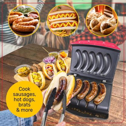 Nostalgia Game Day Sausage and Brat 5 Link Electric Grill with Oil Drip Tray, Carry Handle, and Cord Storage, Cooks Beef, Turkey, Chicken, Veggie Sausages, or Hot Dogs - CookCave