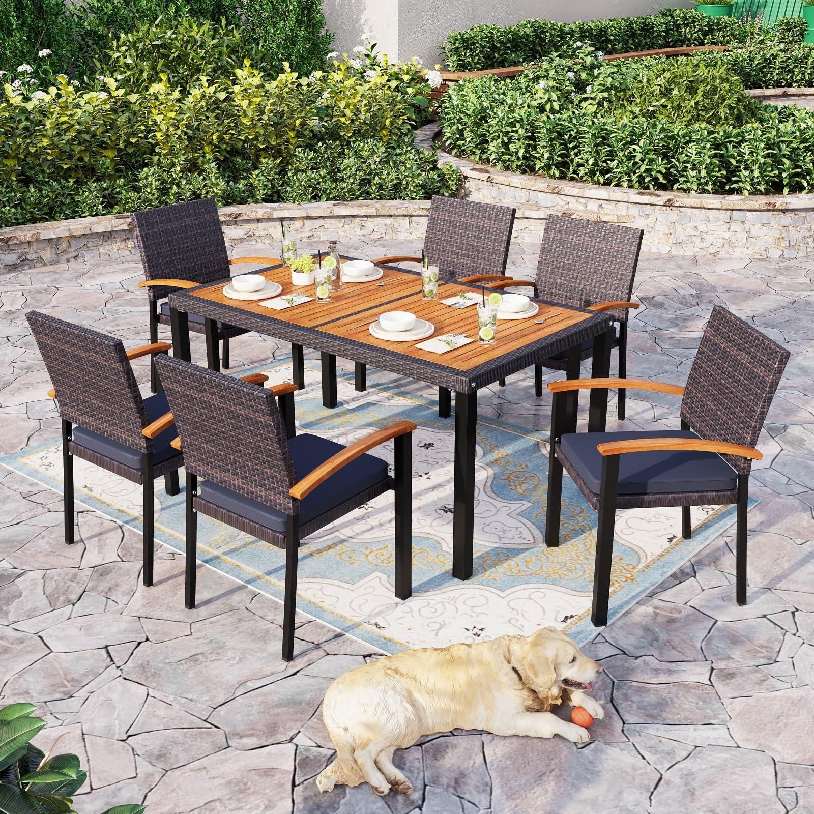 Sophia & William Outdoor Patio Dining Set Furniture 7 Pieces with 6 Stackable Cushioned Rattan Wicker Chairs and Rectangular Acacia Wood Table for Backyard Deck Garden Lawn Porch Poolside - CookCave