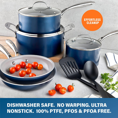 Granitestone Blue 10 Piece Nonstick Cookware Set - Pots, Pans, and Kitchen Sets - Ceramic, Dishwasher Safe - CookCave