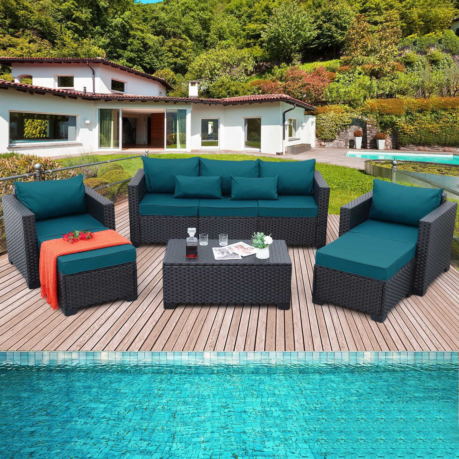 Rattaner Patio Furniture Set 6 Pieces Couch Outdoor Chairs Coffee Table Peacock Blue Anti-Slip Cushions and Waterproof Covers - CookCave