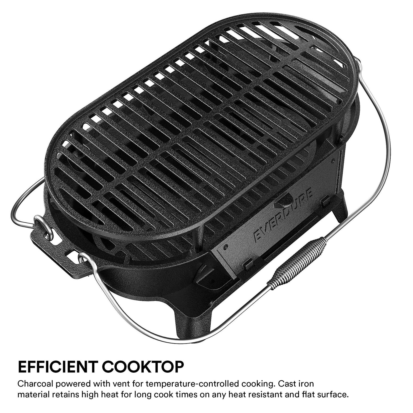 Everdure Oval Cast Iron Grill & Cover – Outdoor, Portable Charcoal Grill and Tabletop Cast Iron Skillet - 100% Cast Iron, Enameled, Durable, Small Charcoal Grill, Camping Stove, Hibachi Grill - CookCave