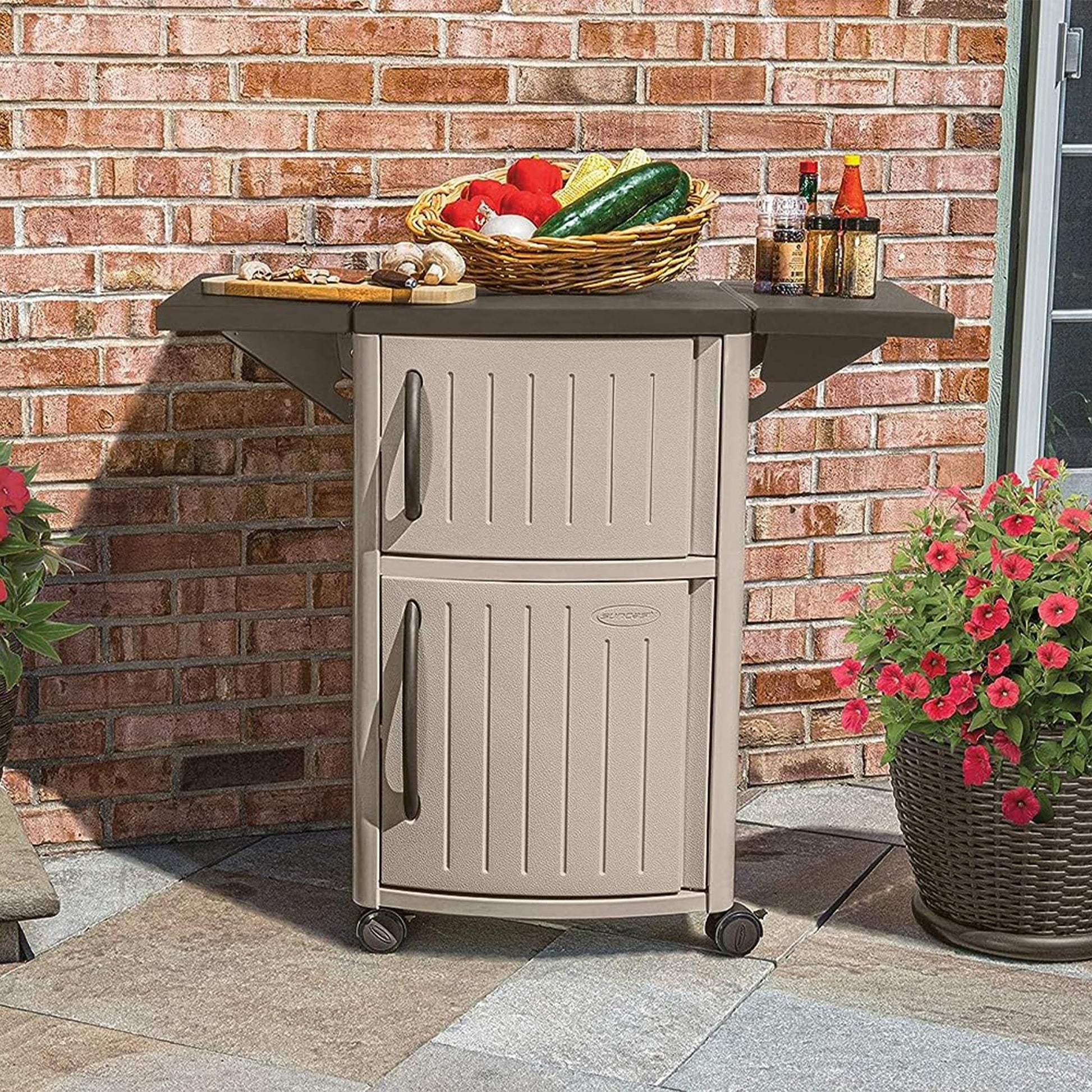 Suncast DCP2000 Portable Outdoor Patio Backyard Grilling Entertainment Serving Prep Station Table with Cabinet Storage and Drop Leaf Extensions, Beige - CookCave