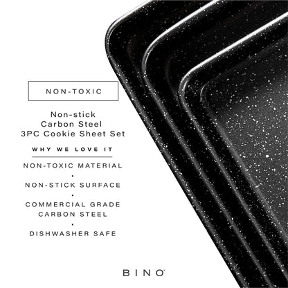 BINO Bakeware Nonstick Cookie Sheet Baking Tray Set 3-Piece - Speckled Black | NonStick Baking Pans Set | Carbon Steel Tray Bakeware Sets | Oven Safe Baking Set | Cookie Sheet Pans | Food-Safe Tray - CookCave