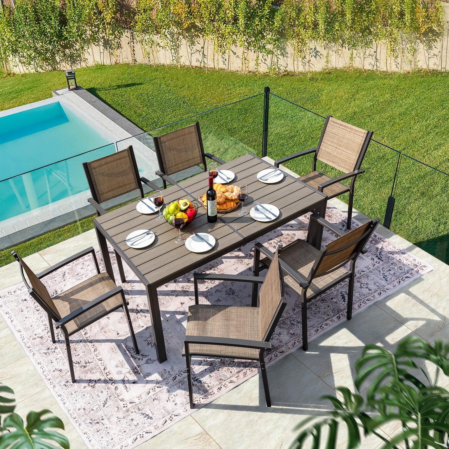 Flamaker Patio Dining Set 7 Piece Metal Frame Outdoor Furniture with 6 Textilene Chairs and Rectangular Table Family Kitchen Conversation Set for Backyard, Lawn, Terrace (Brown) - CookCave