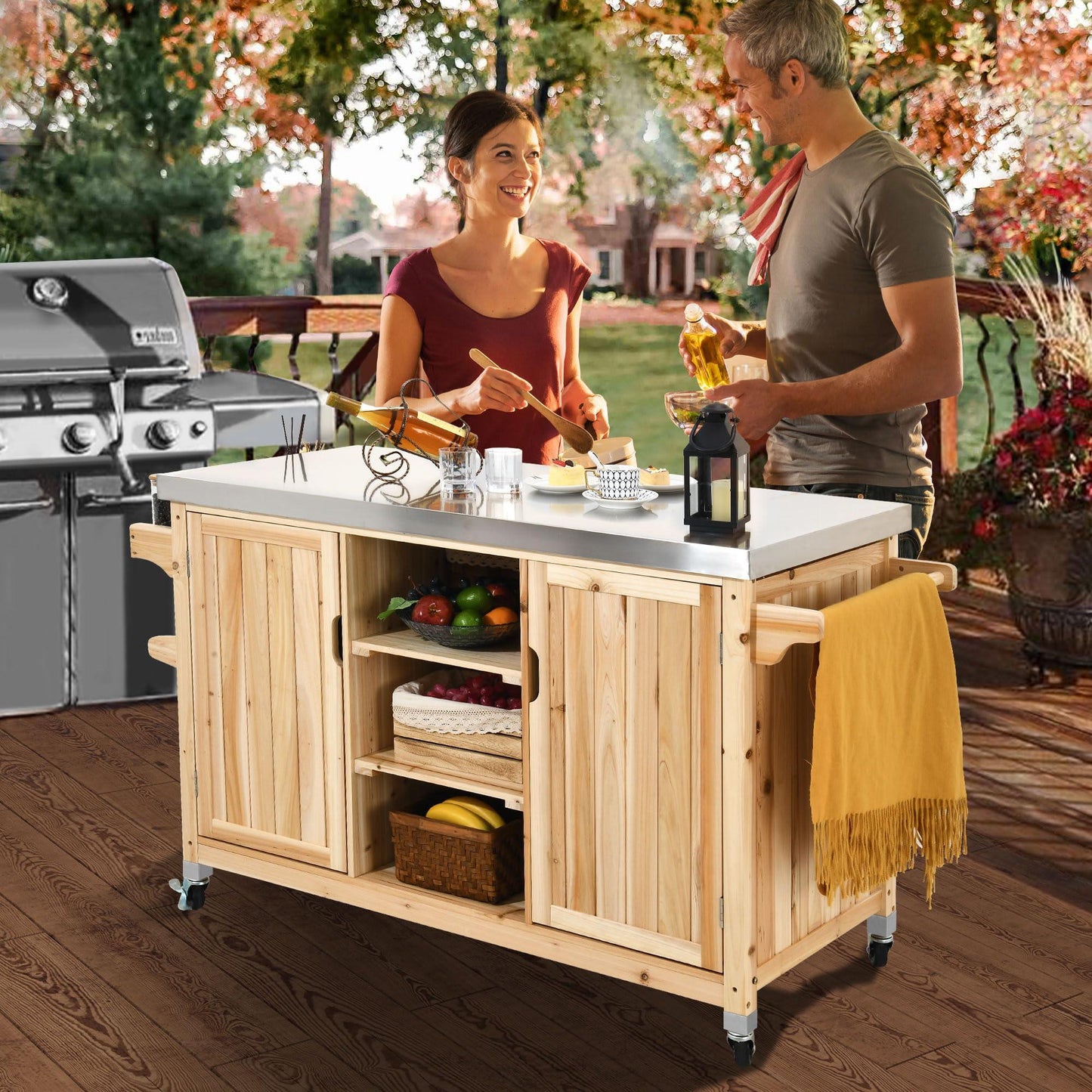 YITAHOME XL Solid Wood Outdoor Table and Storage Cabinet, 59.64’’L x 23.62’’W Movable Grill Table with Stainless Steel Top, Side Handle, Spice Rack for Outside, Patio Bar, Outdoor Kitchen Island - CookCave