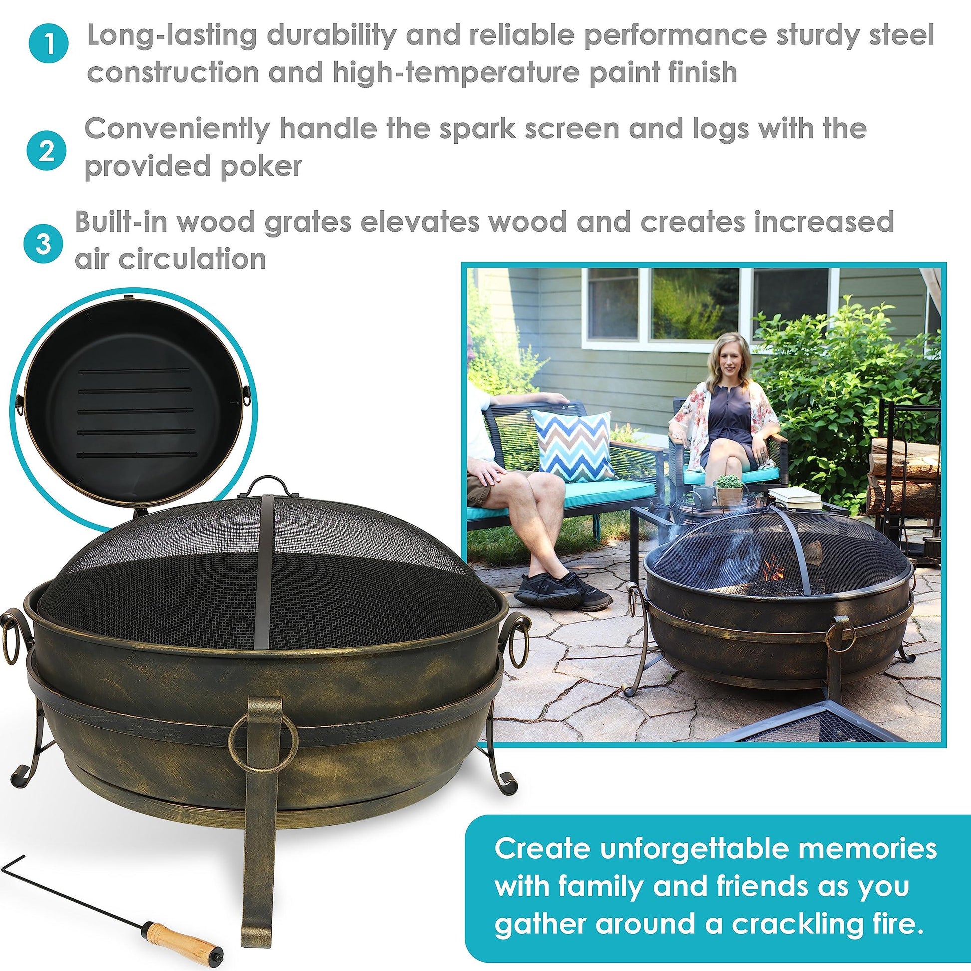 Sunnydaze 34-Inch Cauldron Style Outdoor Fire Pit Bowl with Spark Screen, Log Poker, and Wood Grate - Dark Bronze Finish - CookCave