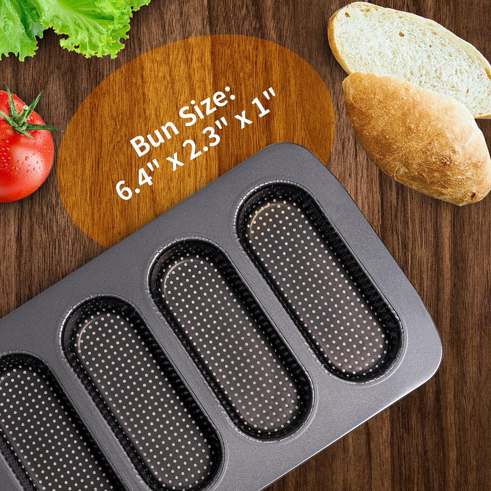 Yomvzake Hot Dot Bun Pan Set of 2, Perforated Carbon Steel Non-Stick Hotdog Bun Mold Bread Forms Crispy Mini Baguette Sandwich Baking Tray for Hot Dog Bun Rolls - CookCave