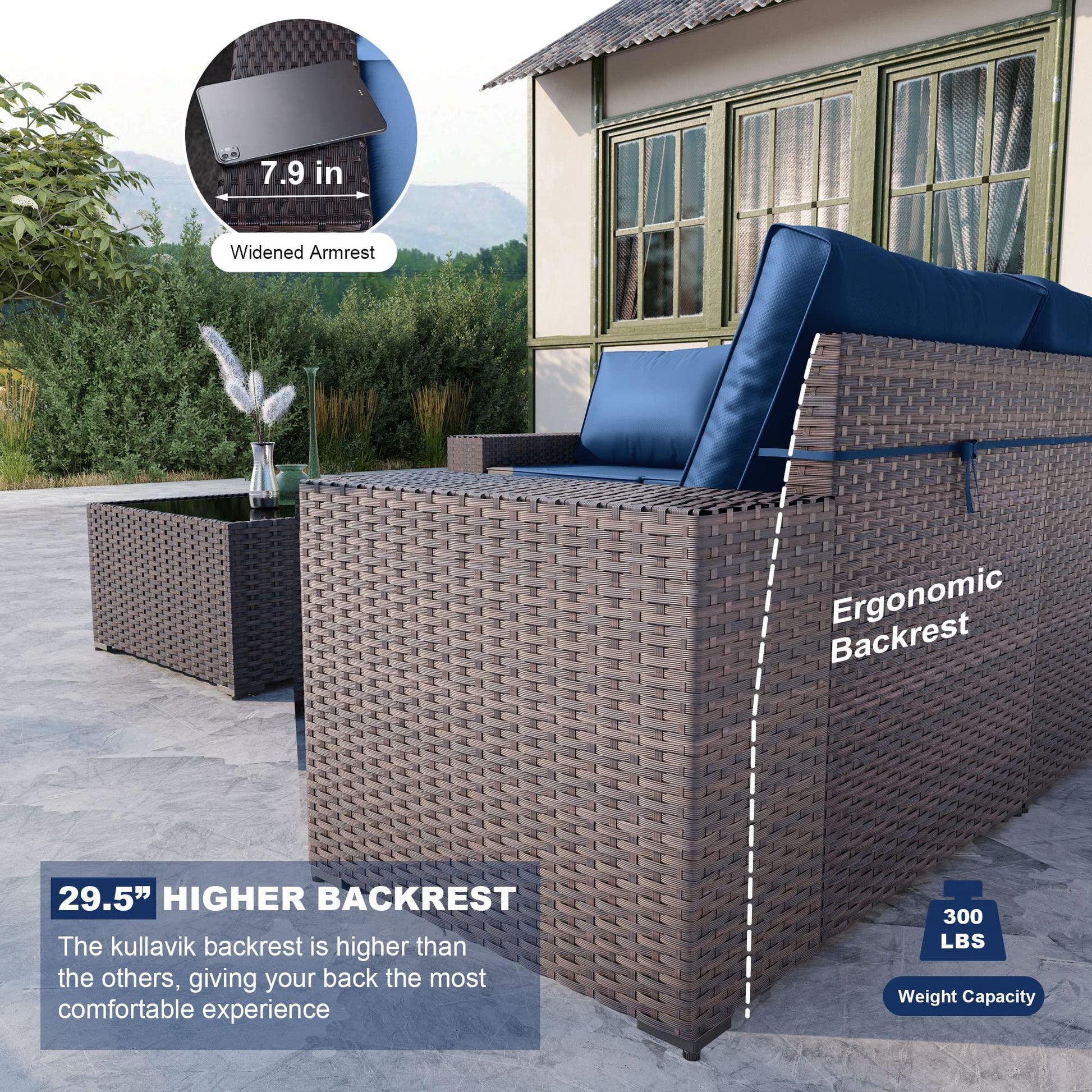 Kullavik Outdoor Patio Furniture Set 6 Pieces Sectional Rattan Sofa Set Brown PE Rattan Wicker Patio Conversation Set with 5 Navy Blue Seat Cushions and 1 Tempered Glass Table - CookCave