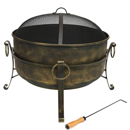 Sunnydaze 24-Inch Cauldron Style Outdoor Fire Pit Bowl with Spark Screen, Log Poker, and Wood Grate - Dark Bronze Finish - CookCave