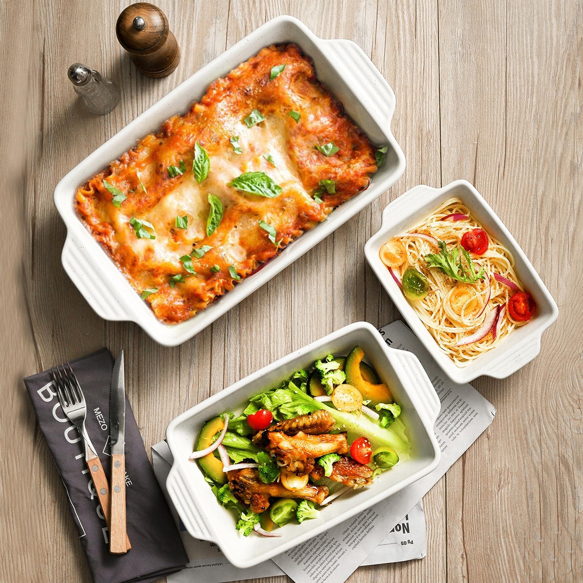 YMASINS Ceramic Baking Dish, Casserole Dishes for Oven, Extra Deep Lasagna Pans with Handles, Rectangular Bakeware Set of 3 from Oven to Table, Easy to Clean, 14.7 x 8.7 x 3 Inches, White - CookCave