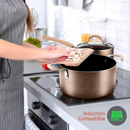 NutriChef 14-Piece Nonstick Cookware PTFE/PFOA/PFOS-Free Heat Resistant Lacquer Kitchen Ware Set w/Saucepan, Frying Pans, Cooking, Dutch Oven Pot, Lids, Utensil NCCW14S, AGold - CookCave