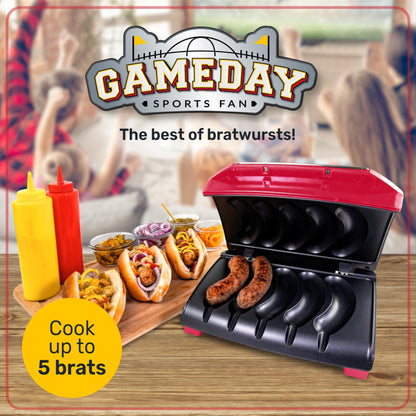 Nostalgia Game Day Sausage and Brat 5 Link Electric Grill with Oil Drip Tray, Carry Handle, and Cord Storage, Cooks Beef, Turkey, Chicken, Veggie Sausages, or Hot Dogs - CookCave