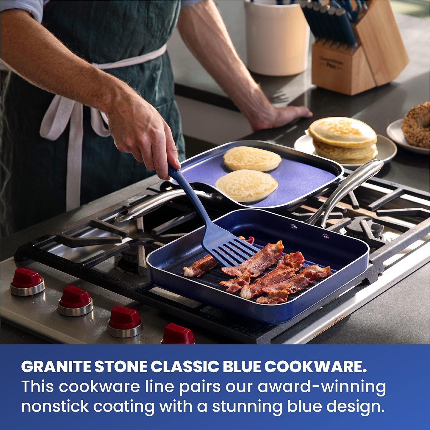 GRANITESTONE Blue Nonstick 10.5” Grilling Pan, Diamond Infused, Metal Utensil Sear Ridges for Grease Draining, Stay Cool Stainless-Steel Handle Oven & Dishwasher Safe, 100% PFOA Free… - CookCave