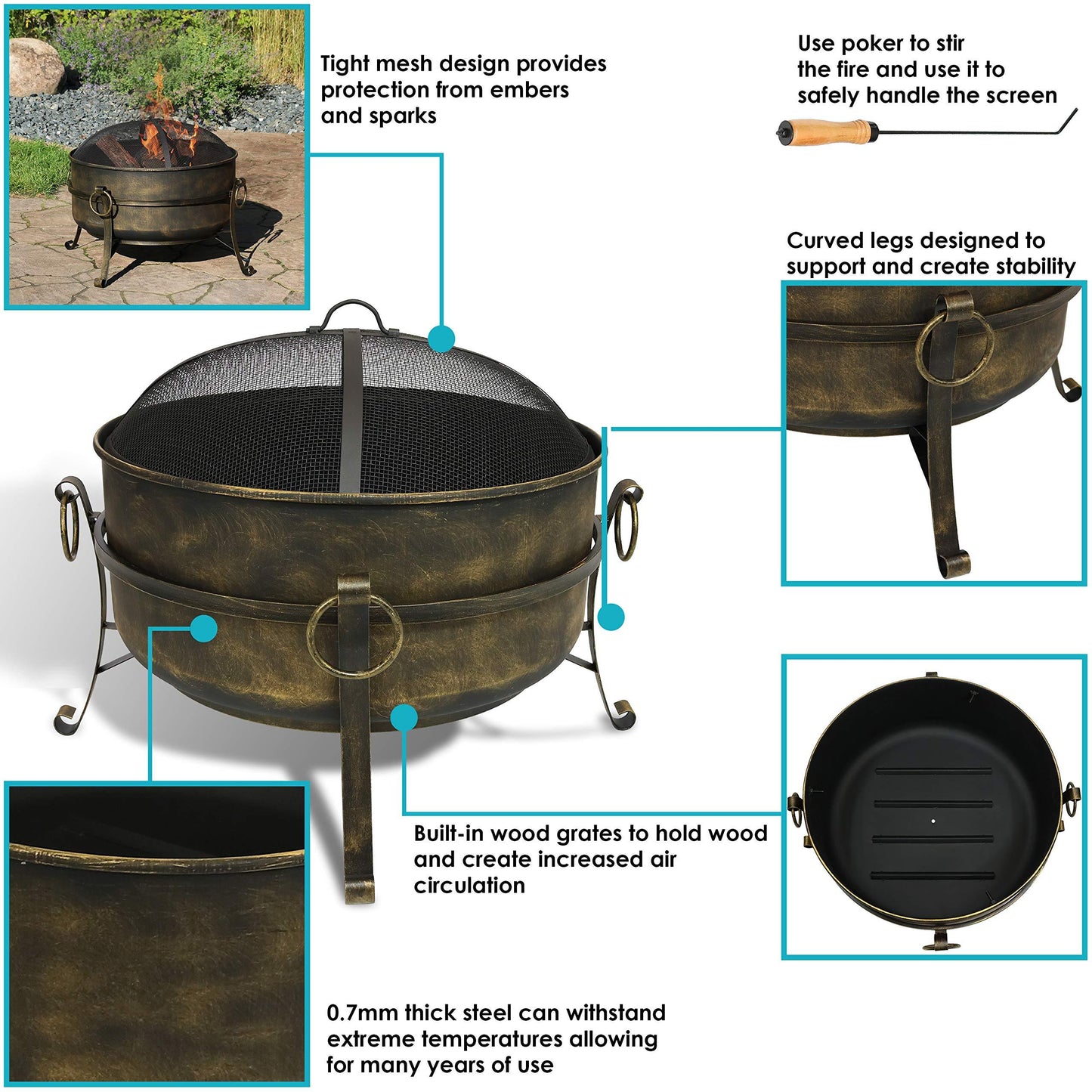 Sunnydaze 24-Inch Cauldron Style Outdoor Fire Pit Bowl with Spark Screen, Log Poker, and Wood Grate - Dark Bronze Finish - CookCave