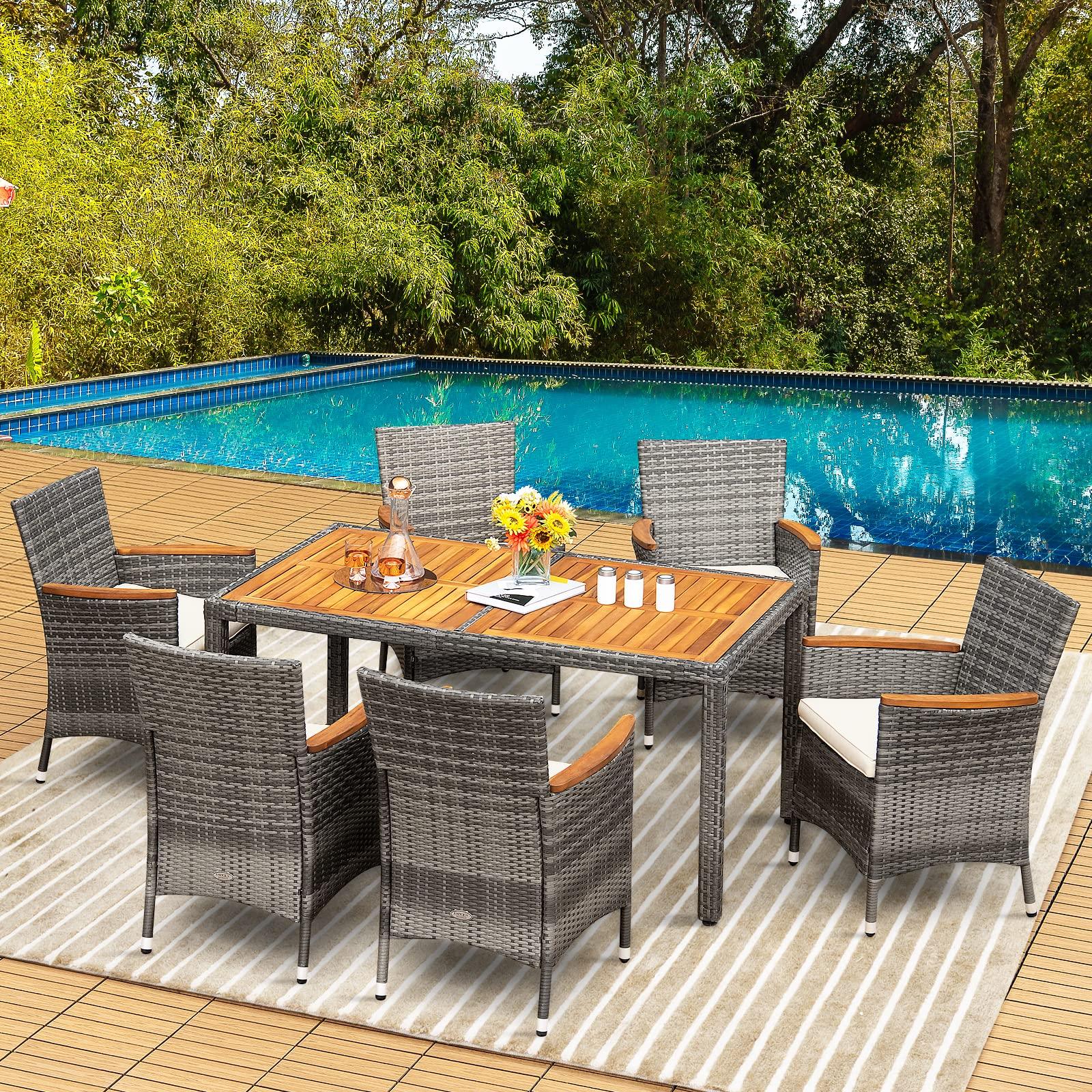 Tangkula 7 Pieces Outdoor Dining Furniture Set, Patio Rattan Conversation Set with Spacious Acacia Wood Table, 6 Chairs with Widened Armrests, Non-slip Foot Pads, Suitable for Backyard Poolside (Grey) - CookCave