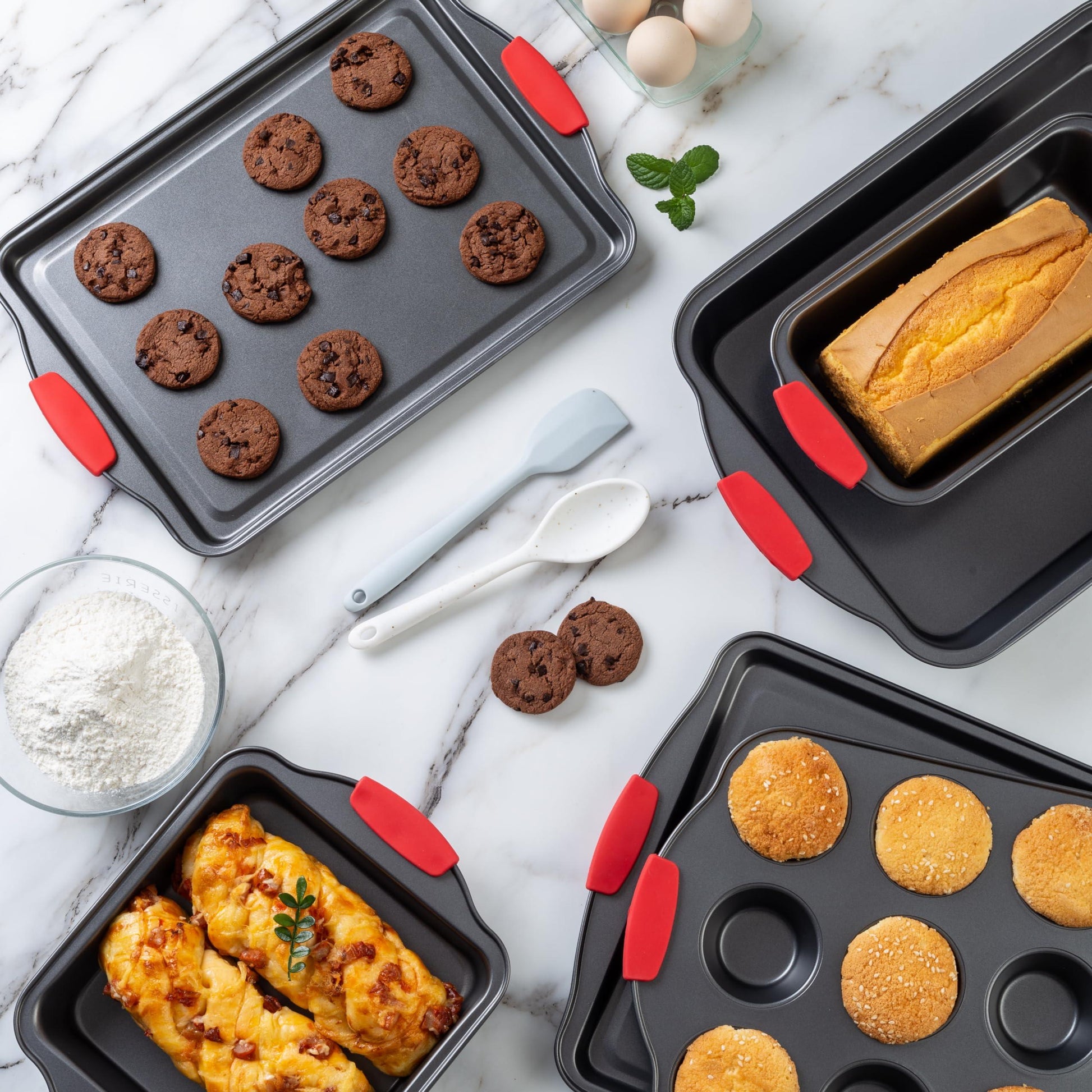 Country Kitchen 10-Piece Nonstick Stackable Bakeware Set - PFOA, PFOS, PTFE Free Baking Tray Set w/Non-Stick Coating, 450°F Oven Safe, Round Cake, Loaf, Muffin, Wide/Square Pans, Cookie Sheet - CookCave
