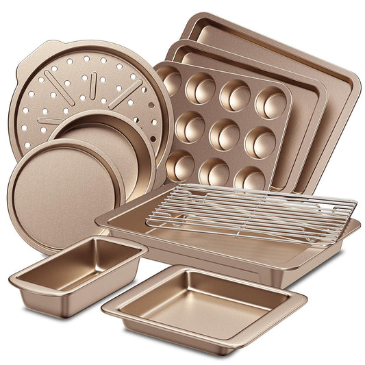HONGBAKE Bakeware Sets, Baking Pans Set, Nonstick Oven Pan for Kitchen with Wider Grips, 10-Pieces Including Rack, Cookie Sheet, Cake Pans, Loaf Pan, Muffin Pan, Pizza Pan - Champagne Gold - CookCave