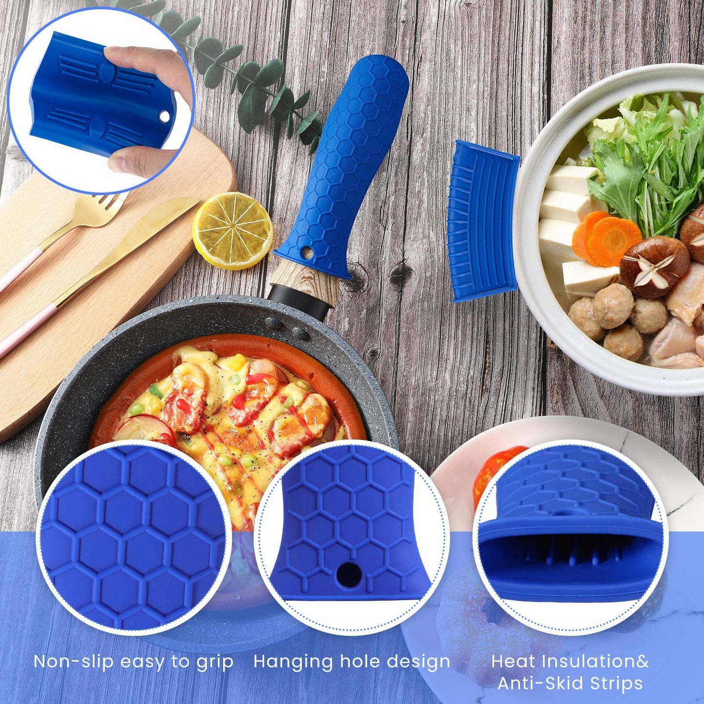 8 Pieces Silicone Hot Handle Holder Non Slip Pot Holders Cover Assist Hot Pan Handle Rubber Heat Resistant Pot Sleeve Grip Cookware Handle for Frying Cast Iron Skillet Metal Pan (Blue) - CookCave