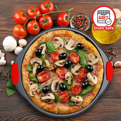 Pizza Tray – 2 Round with Silicone Handles – Carbon Steel Pizza Pan with Holes and Non-Stick Coating – PFOA PFOS and PTFE Free by Bakken - CookCave