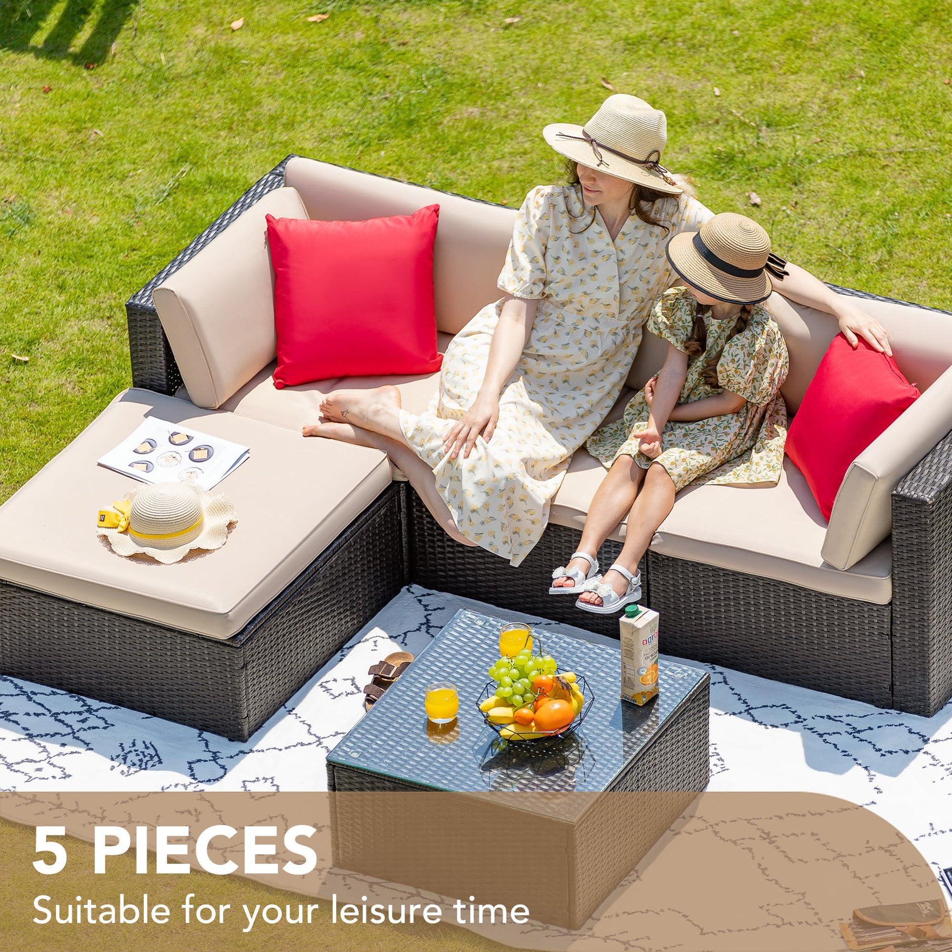 Devoko 5 Pieces Patio Furniture Sets All Weather Outdoor Sectional Patio Sofa Manual Weaving Wicker Rattan Patio Seating Sofas with Cushion and Glass Table(Beige) - CookCave