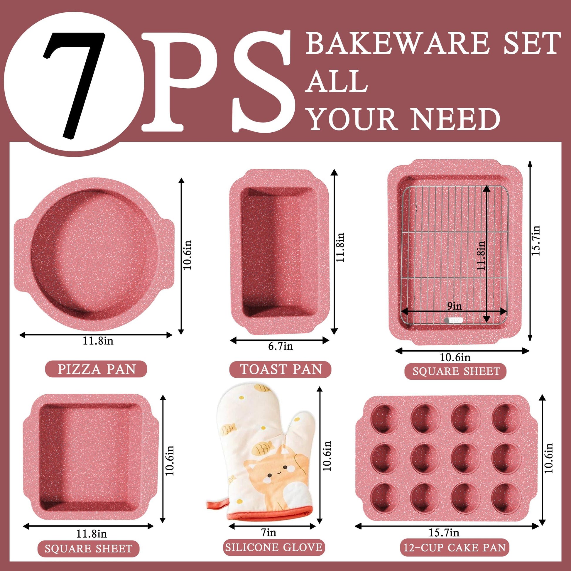 HIPTABLY Baking Sheet Pan Set, 7 in 1 Oven Bakeware Set, Nonstick Baking Pans Set with Cooling Rack Stackable Muffin Pan, Cupcake Pan, Dishwasher Safe Carbon Steel Bake Set - Red - CookCave