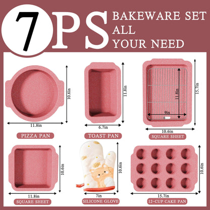 HIPTABLY Baking Sheet Pan Set, 7 in 1 Oven Bakeware Set, Nonstick Baking Pans Set with Cooling Rack Stackable Muffin Pan, Cupcake Pan, Dishwasher Safe Carbon Steel Bake Set - Red - CookCave
