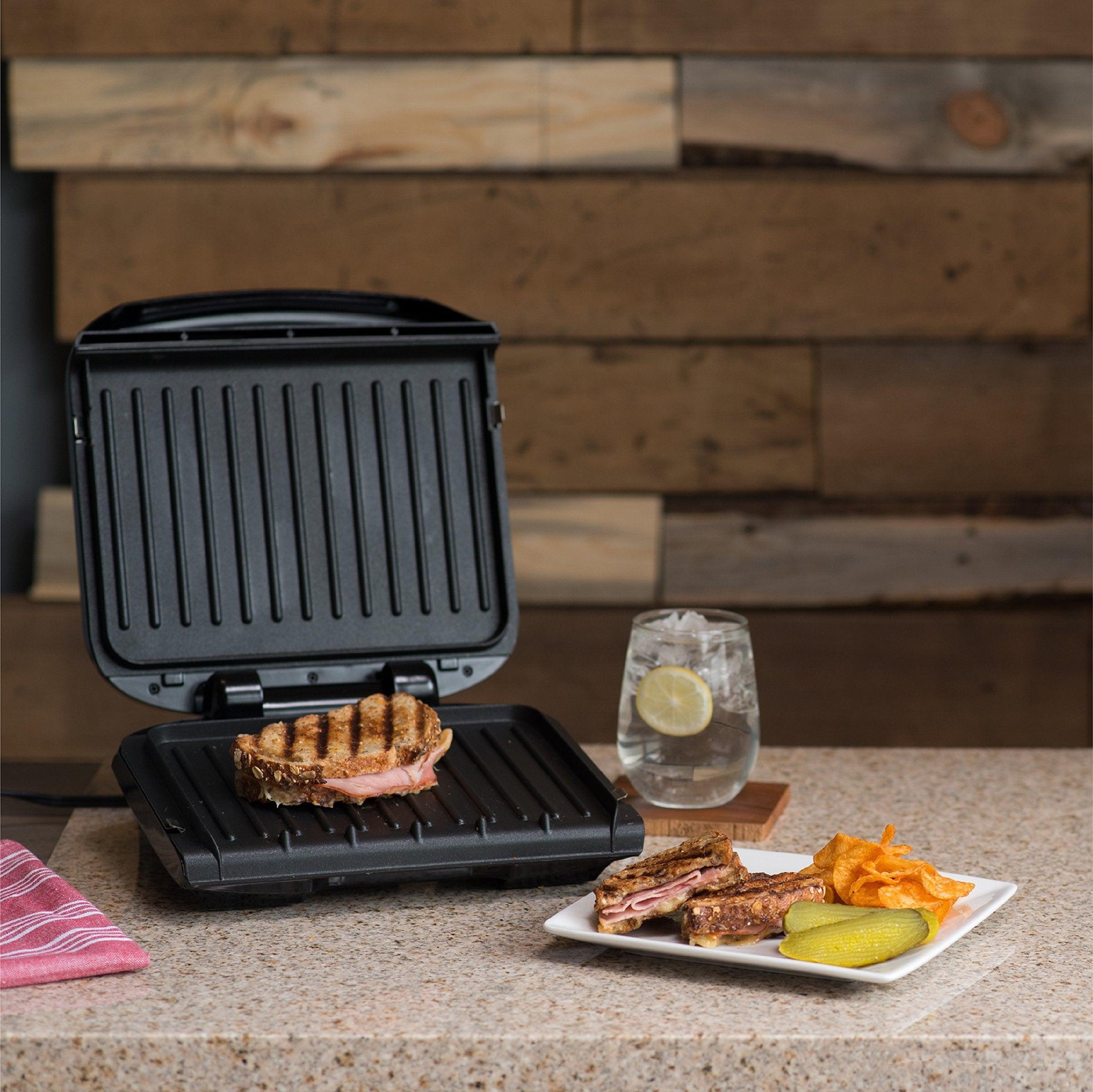 George Foreman 4-Serving Removable Plate Electric Grill and Panini Press, George Tough Non-Stick Coating, Drip Tray Catches Grease, Black - CookCave