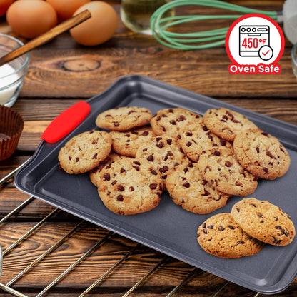 Baking Pan Set – 3 Piece Cookie Sheet – Deluxe Black Non-Stick Carbon Steel – Silicone Handles – Commercial Grade Restaurant Quality – PFOA PFOS and PTFE Free by Bakken - CookCave