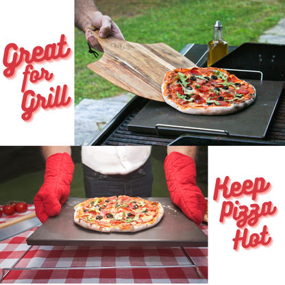 Advanced Pizza Stone for Oven and Grill - Easy Clean Ceramic Coated Non Stick Stone, Wooden Pizza Peel Paddle & Pizza Cutter Set - Detachable Serving Handle - BBQ Grilling Accessories - 15" Large - CookCave