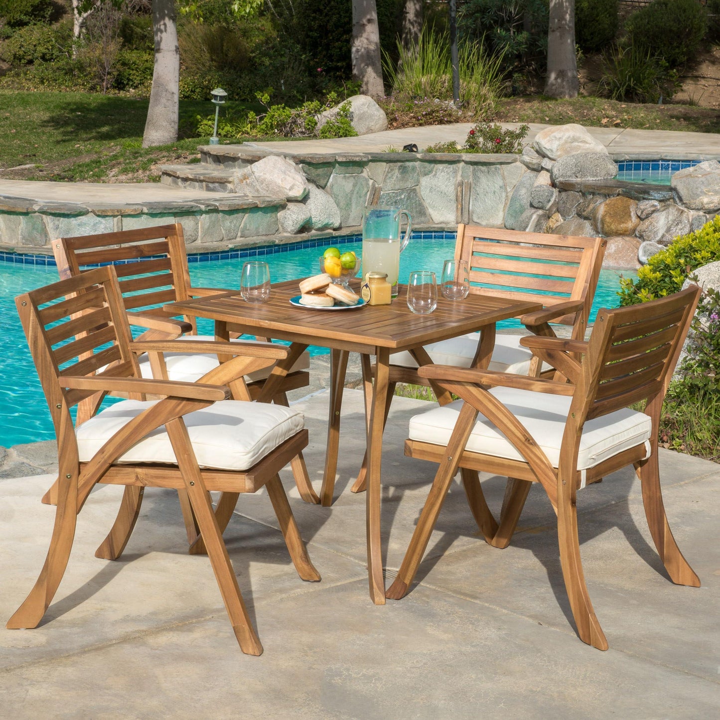 Christopher Knight Home Hermosa Acacia Wood Dining Set, 5-Pcs Set, Teak Finish - CookCave