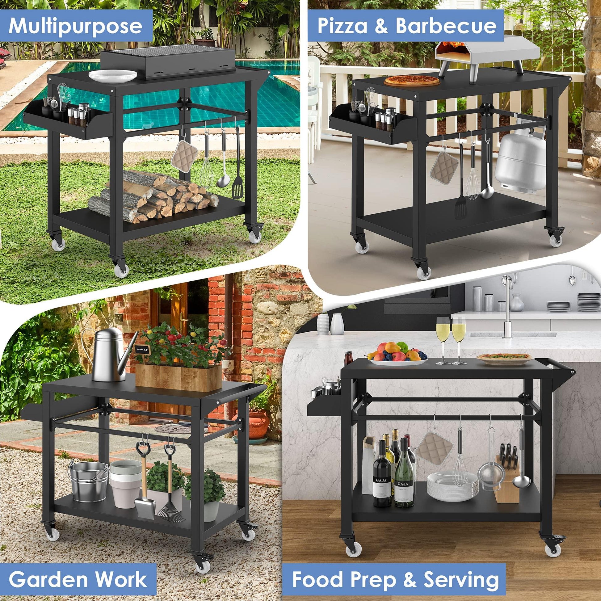 Xilingol Outdoor Grill Cart, Pizza Oven Stand Table with Wheels for Outside Patio, Heavy Duty Movable Outdoor Cooking Prep Table BBQ Smoker Cart for Backyard, Camping and Parties - CookCave