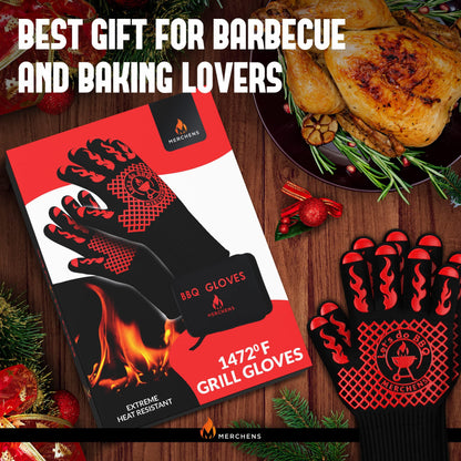 Pro-Series BBQ Gloves - Heat Resistant Grill, Grilling, and Oven Gloves for Culinary Experts - Extreme Fireproof Protection, Silicone Grip, Extra Long Mitts - Indoor & Outdoor - with Protective case - CookCave